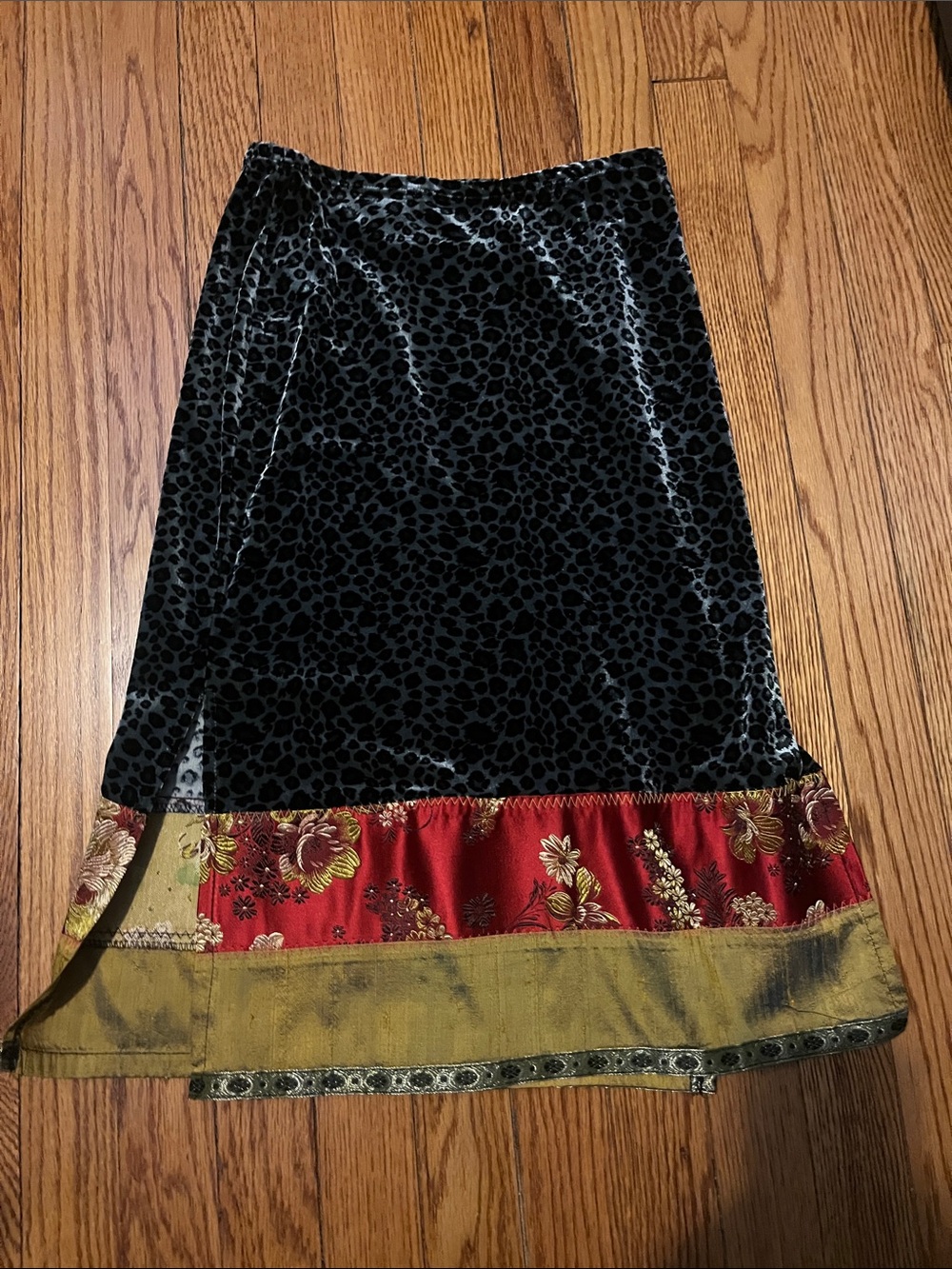 Black Velvet Leopard Print Maxi Skirt with Red Floral Hem